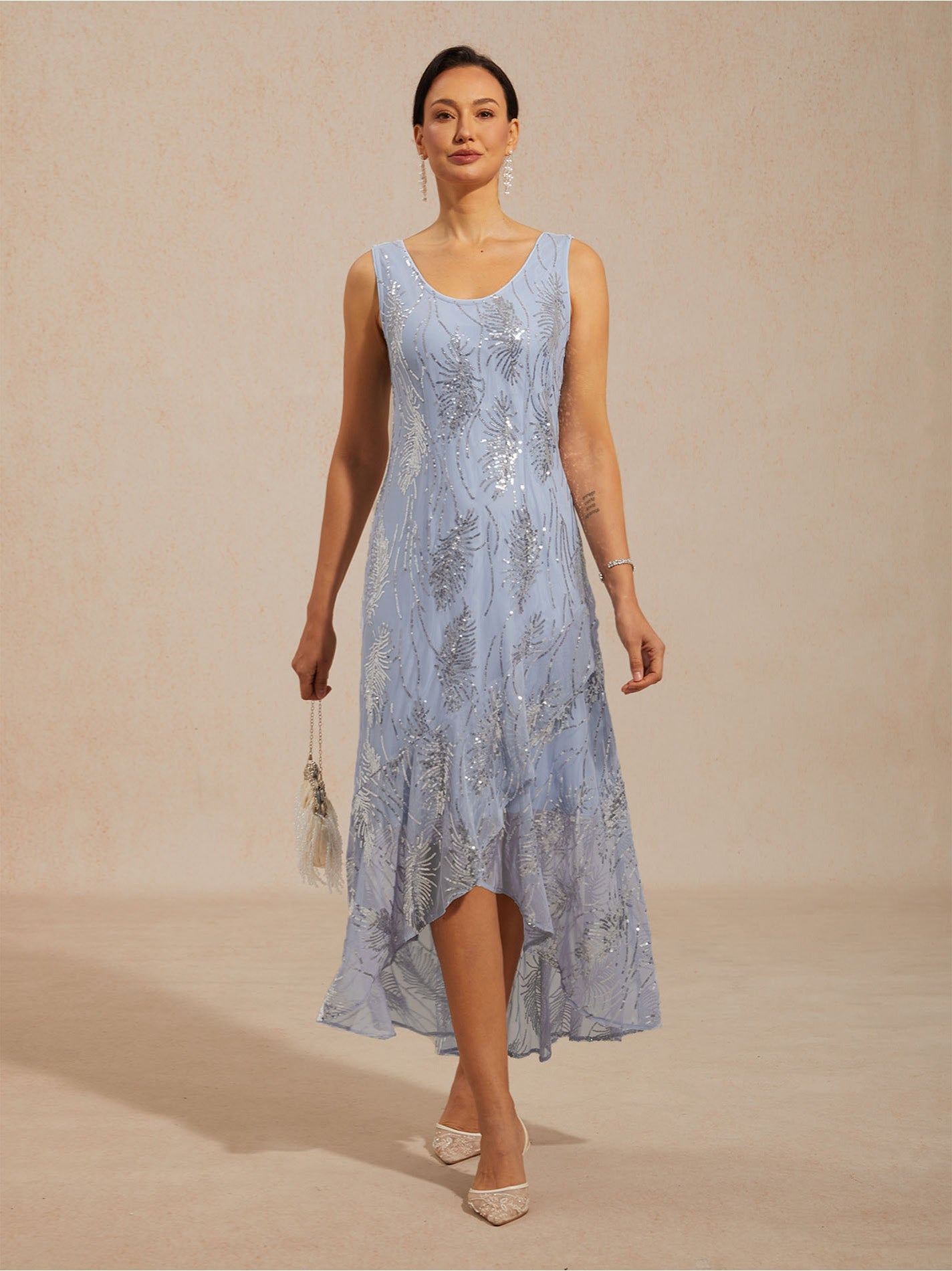 A-Line Maxi Dress – Mesh Sequin High-Low Hem