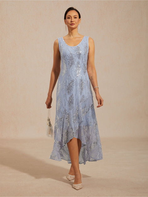 A-Line Maxi Dress – Mesh Sequin High-Low Hem