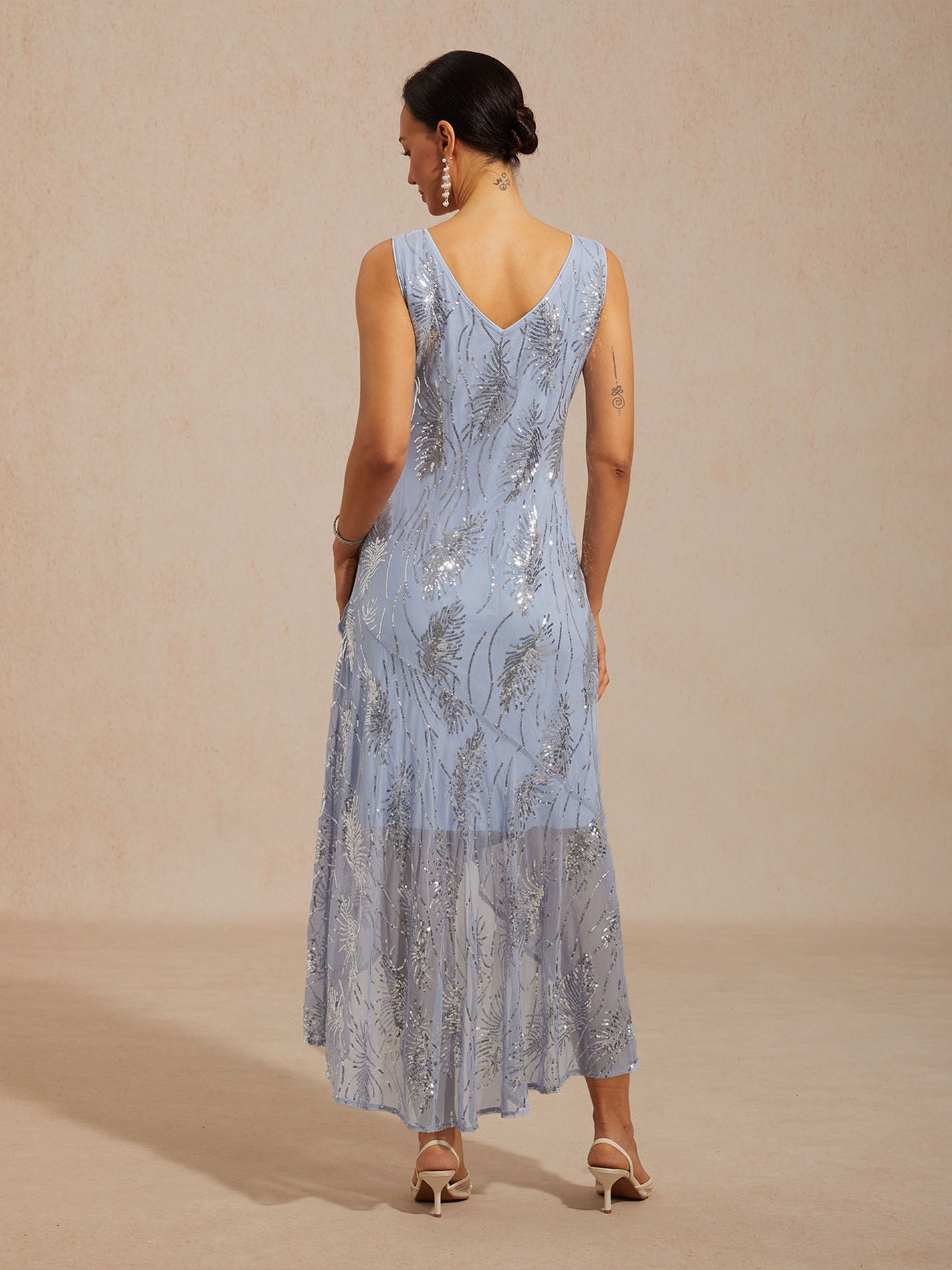 A-Line Maxi Dress – Mesh Sequin High-Low Hem