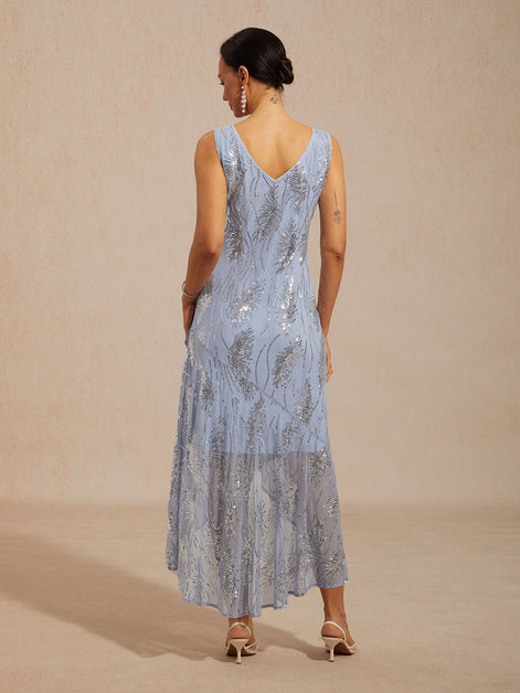 A-Line Maxi Dress – Mesh Sequin High-Low Hem