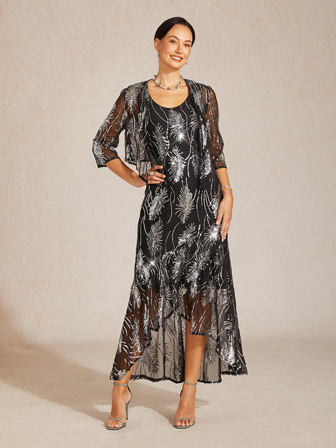 A-Line Maxi Dress – Mesh Sequin High-Low Hem
