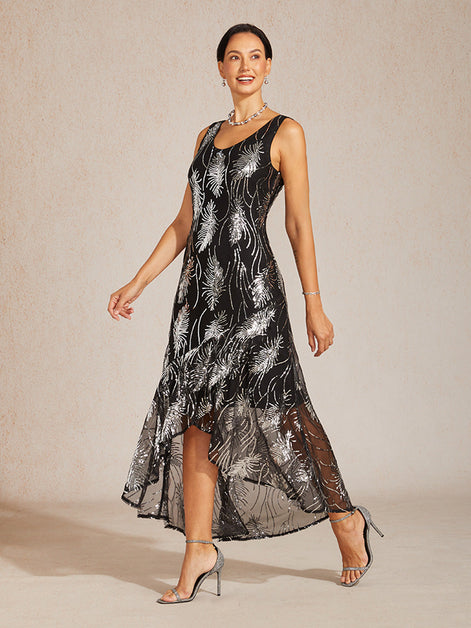 A-Line Maxi Dress – Mesh Sequin High-Low Hem