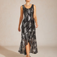 A-Line Maxi Dress – Mesh Sequin High-Low Hem