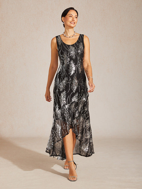 A-Line Maxi Dress – Mesh Sequin High-Low Hem