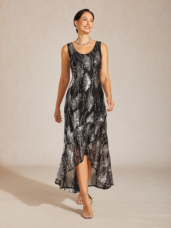 Sleeveless A-Line Maxi Dress with Mesh Sequin