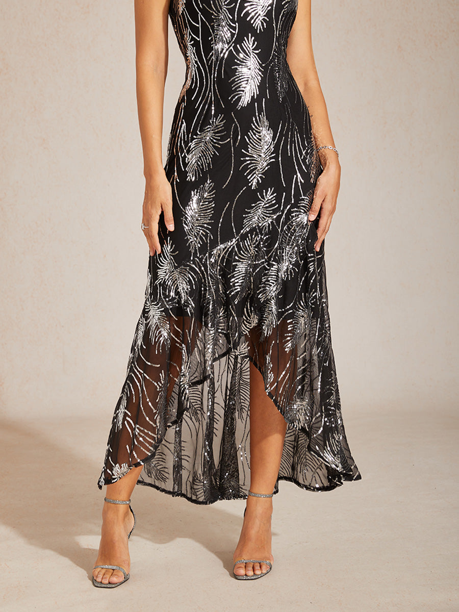 A-Line Maxi Dress – Mesh Sequin High-Low Hem