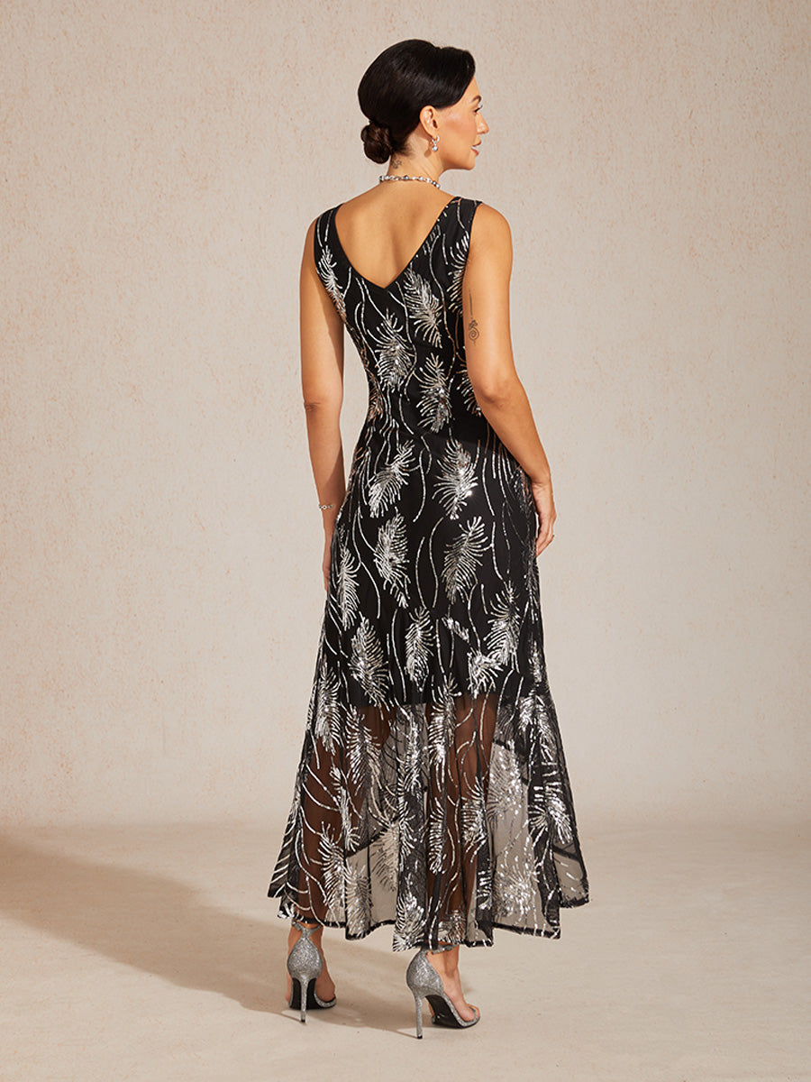 A-Line Maxi Dress – Mesh Sequin High-Low Hem