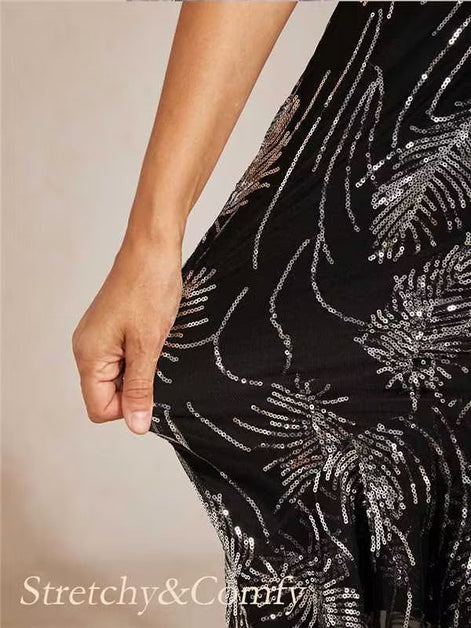 A-Line Maxi Dress – Mesh Sequin High-Low Hem