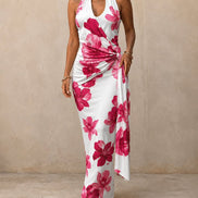 Tropical Floral Halter Maxi Dress – Backless Slit