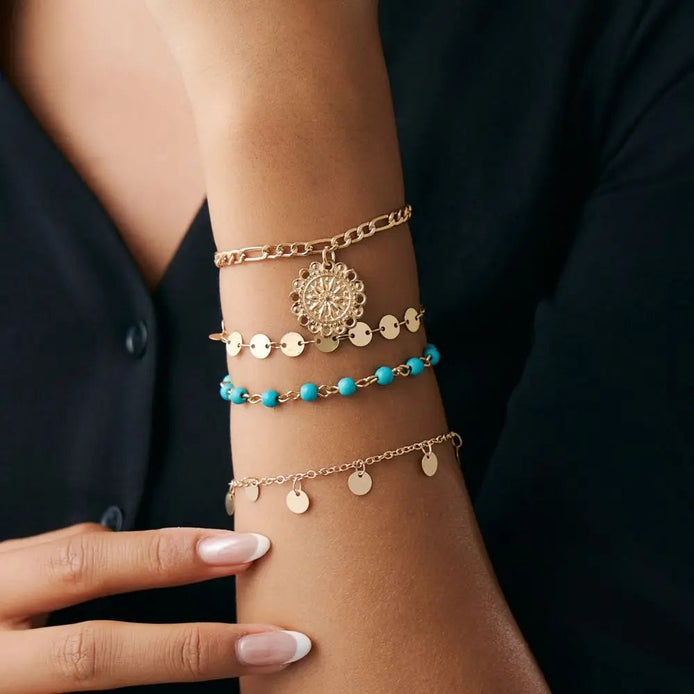 4 PCS Sequin & Sun Pendant Bracelet Set