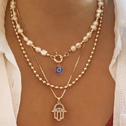 3 PCS Layered Hamsa & Pearl Necklace Set