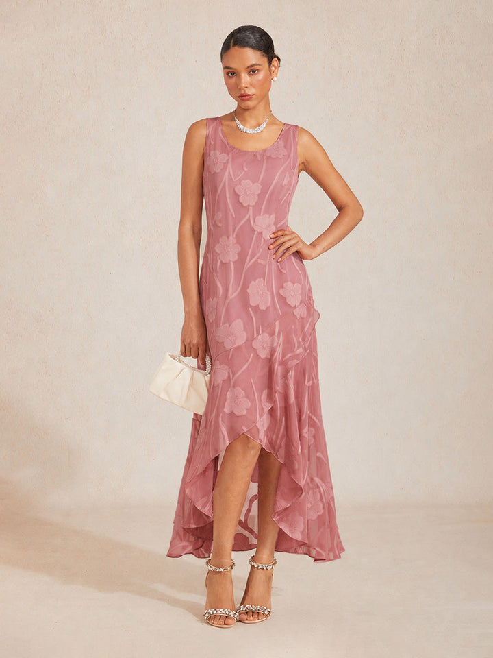 Floral Chiffon Sleeveless Evening Gown with Asymmetrical Hem