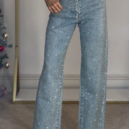 High waisted diamanté straight leg jeans in black denim