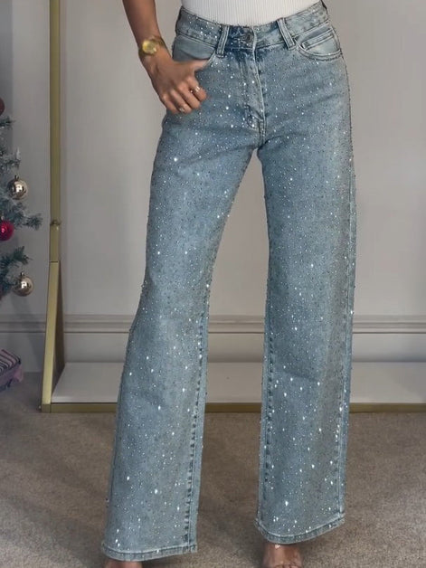 High waisted diamanté straight leg jeans in black denim