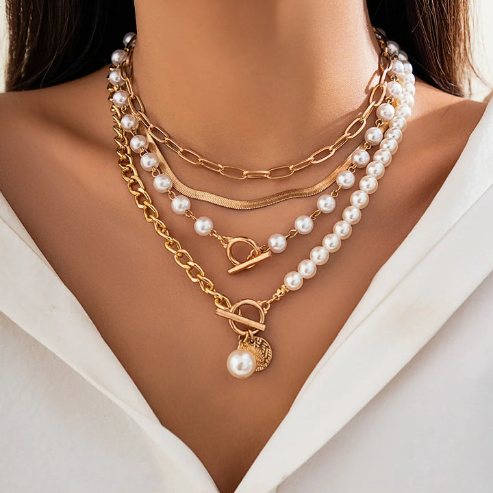 5 PCS Pearl & Chain Layered Necklace Set