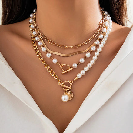 5 PCS Pearl & Chain Layered Necklace Set