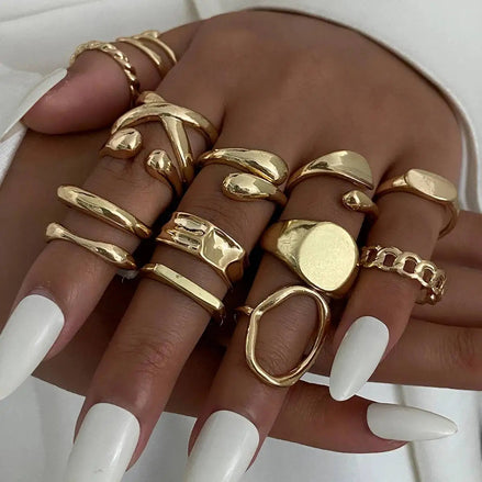 14 PCS Gold Punk Geometric Ring Set