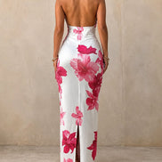 Open back detail on tropical halter maxi dress