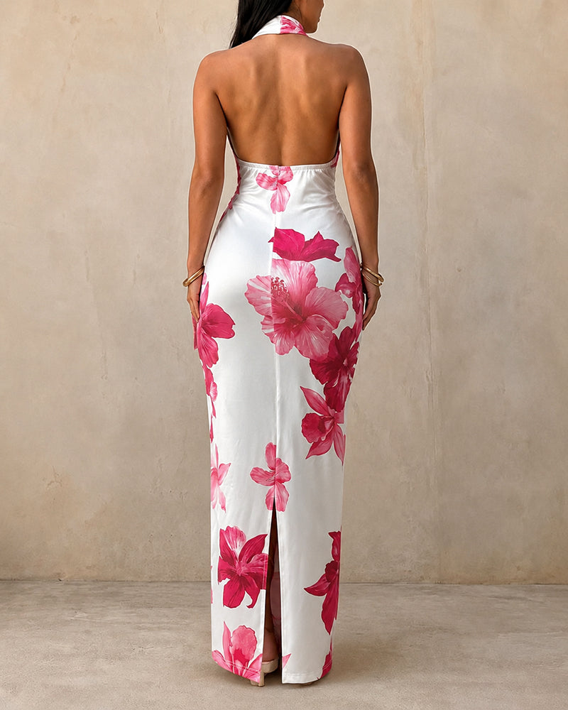 Tropical Floral Halter Maxi Dress