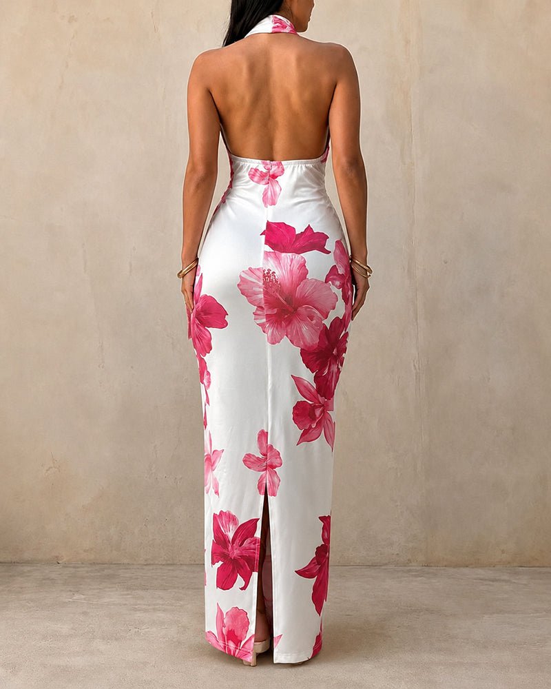 Open back detail on tropical halter maxi dress