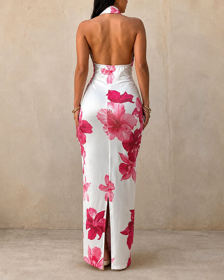 Open back detail on tropical halter maxi dress
