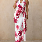 Tropical Floral Halter Maxi Dress – Backless Slit
