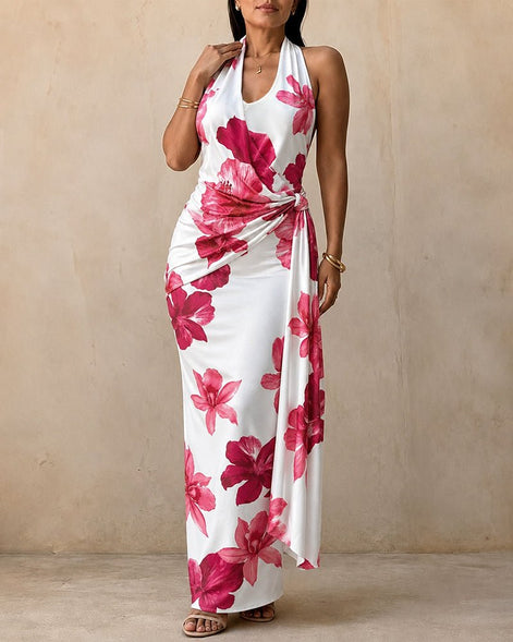 Tropical Floral Halter Maxi Dress – Backless Slit