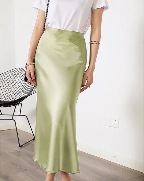 Silk Midi Skirt with Elastic Waistband