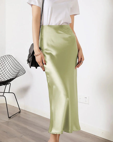 Silk Midi Skirt with Elastic Waistband
