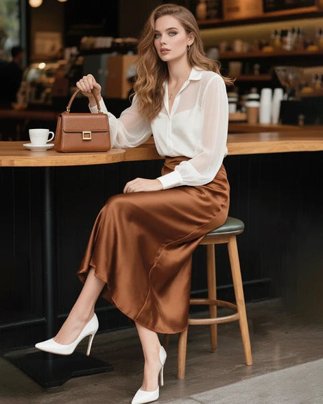 Silk Midi Skirt with Elastic Waistband