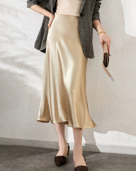 Silk Midi Skirt with Elastic Waistband