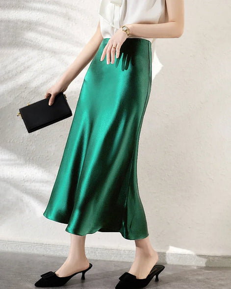 Silk Midi Skirt with Elastic Waistband