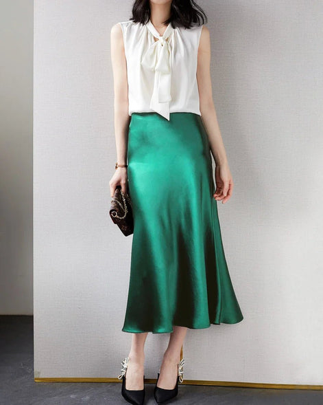 Silk Midi Skirt with Elastic Waistband