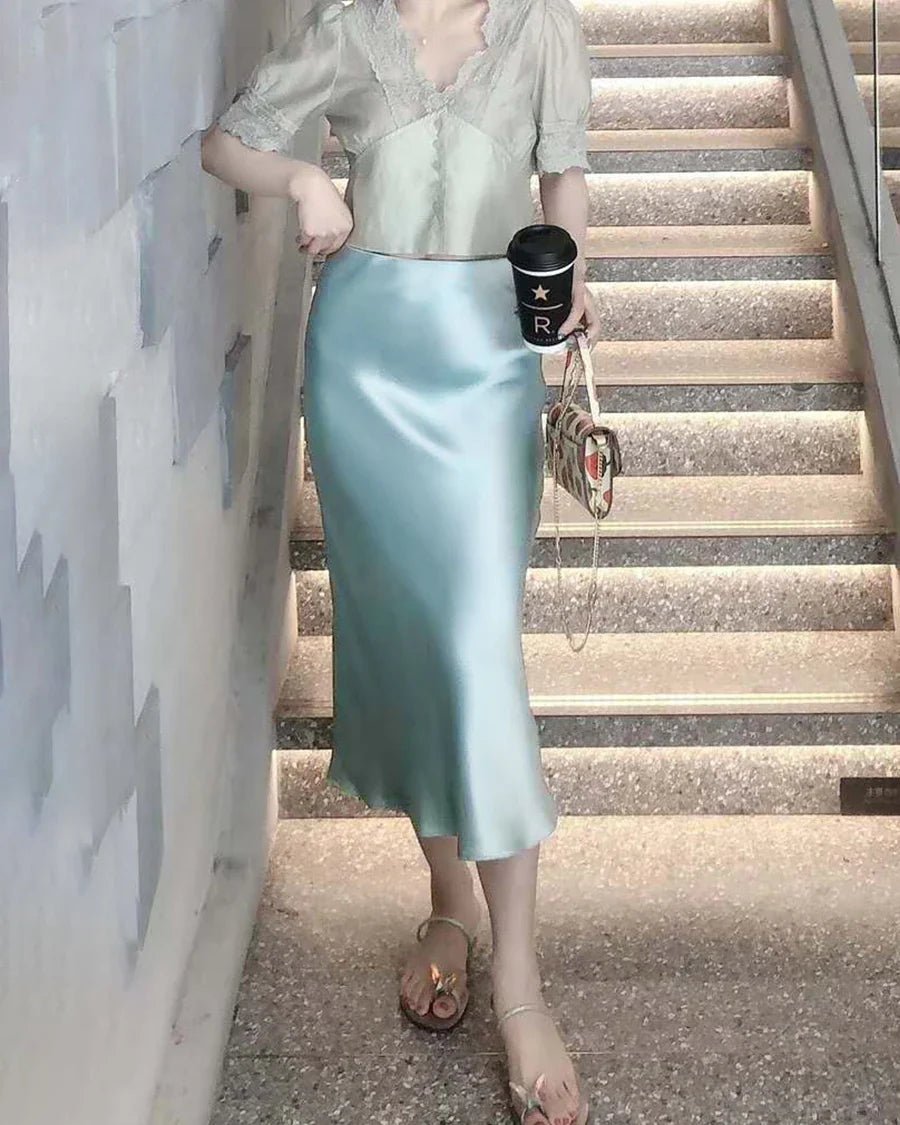 Silk Midi Skirt with Elastic Waistband