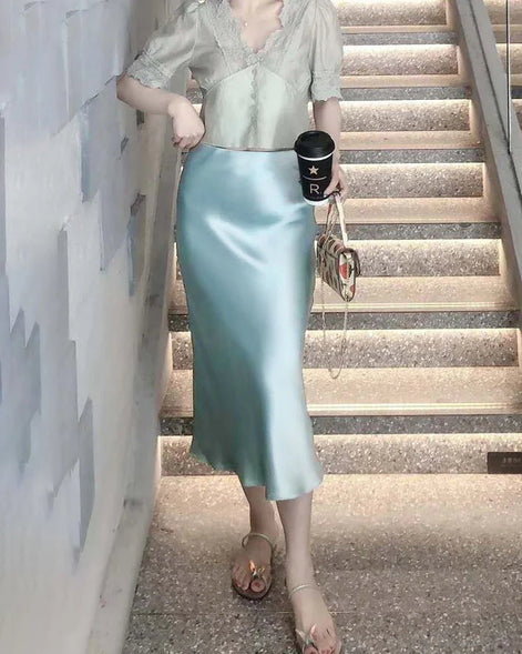 Silk Midi Skirt with Elastic Waistband