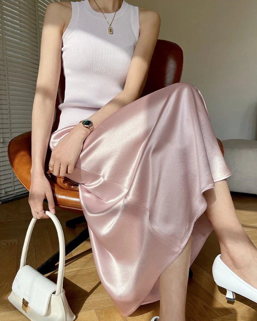 Silk Midi Skirt with Elastic Waistband