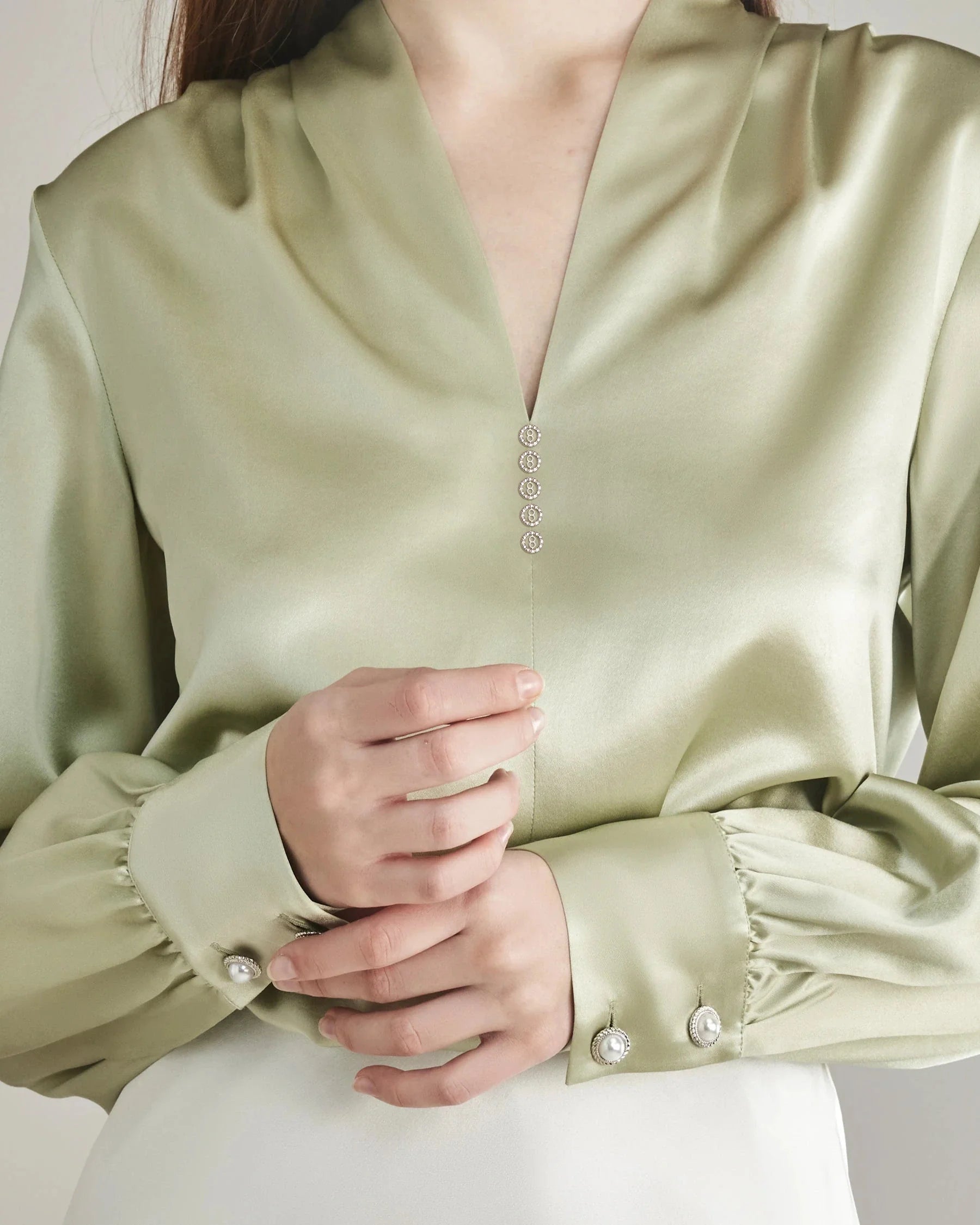 Rhinestone Buttons Silk Blouse