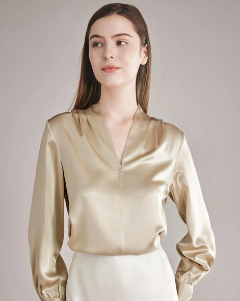 Rhinestone Buttons Silk Blouse