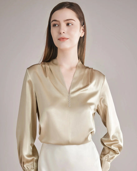 Rhinestone Buttons Silk Blouse