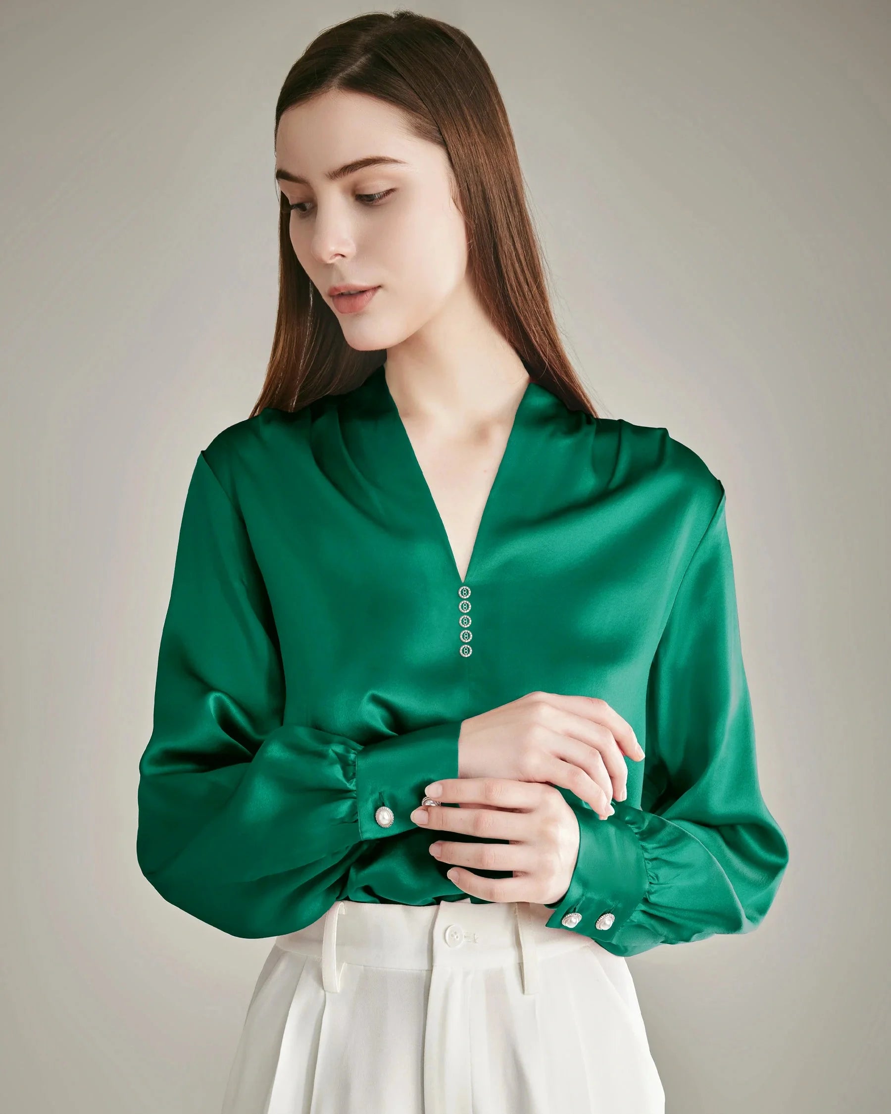 Rhinestone Buttons Silk Blouse