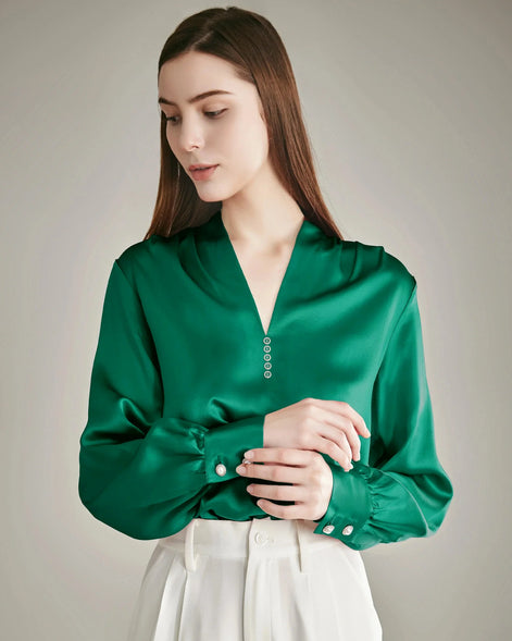 Rhinestone Buttons Silk Blouse