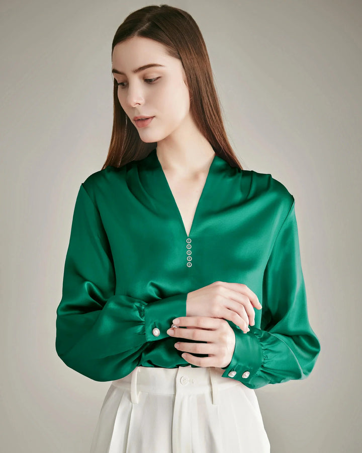 Women's Rhinestone Buttons Silk Blouse