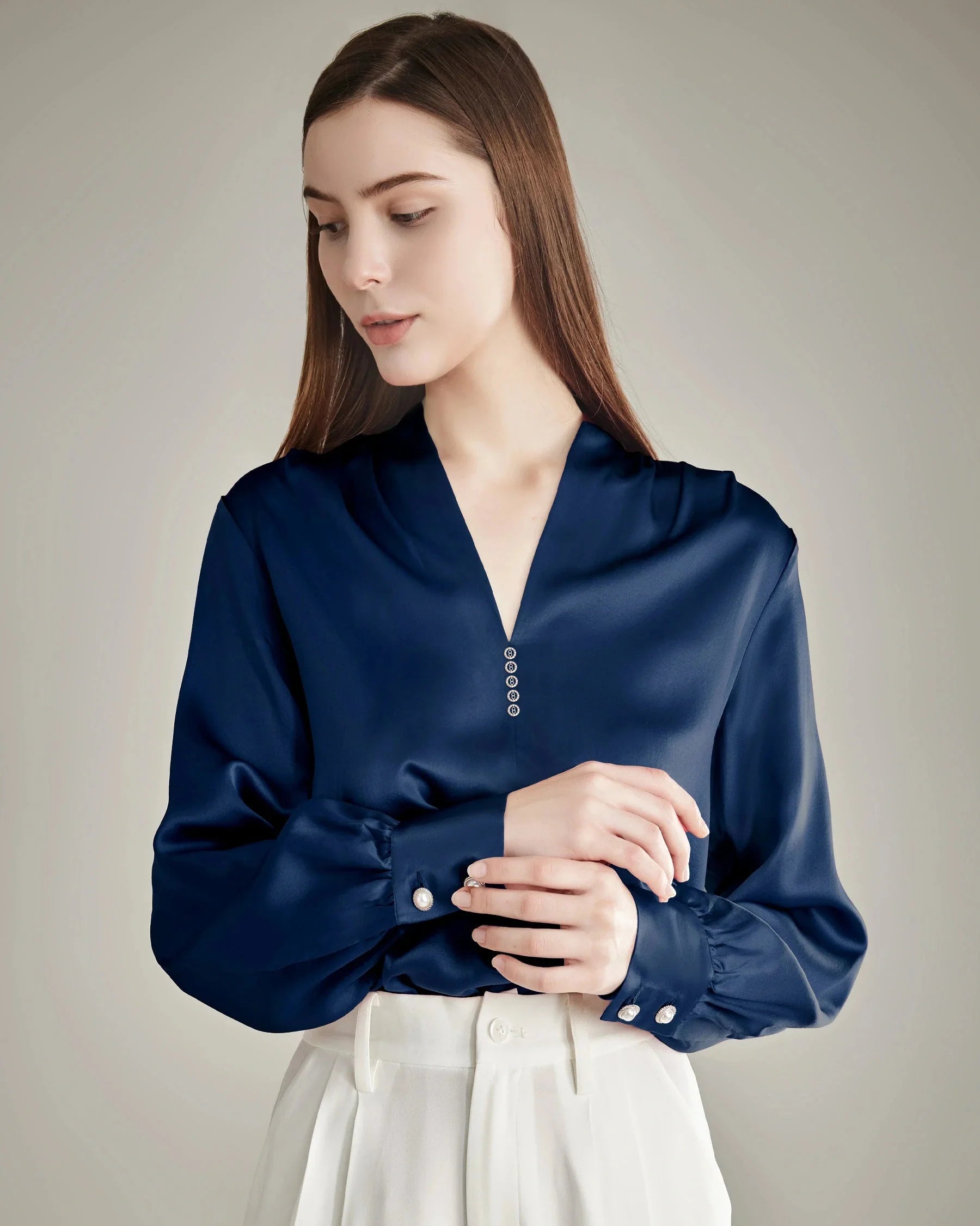 Rhinestone Buttons Silk Blouse