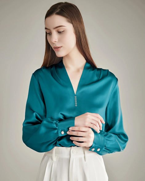 Rhinestone Buttons Silk Blouse
