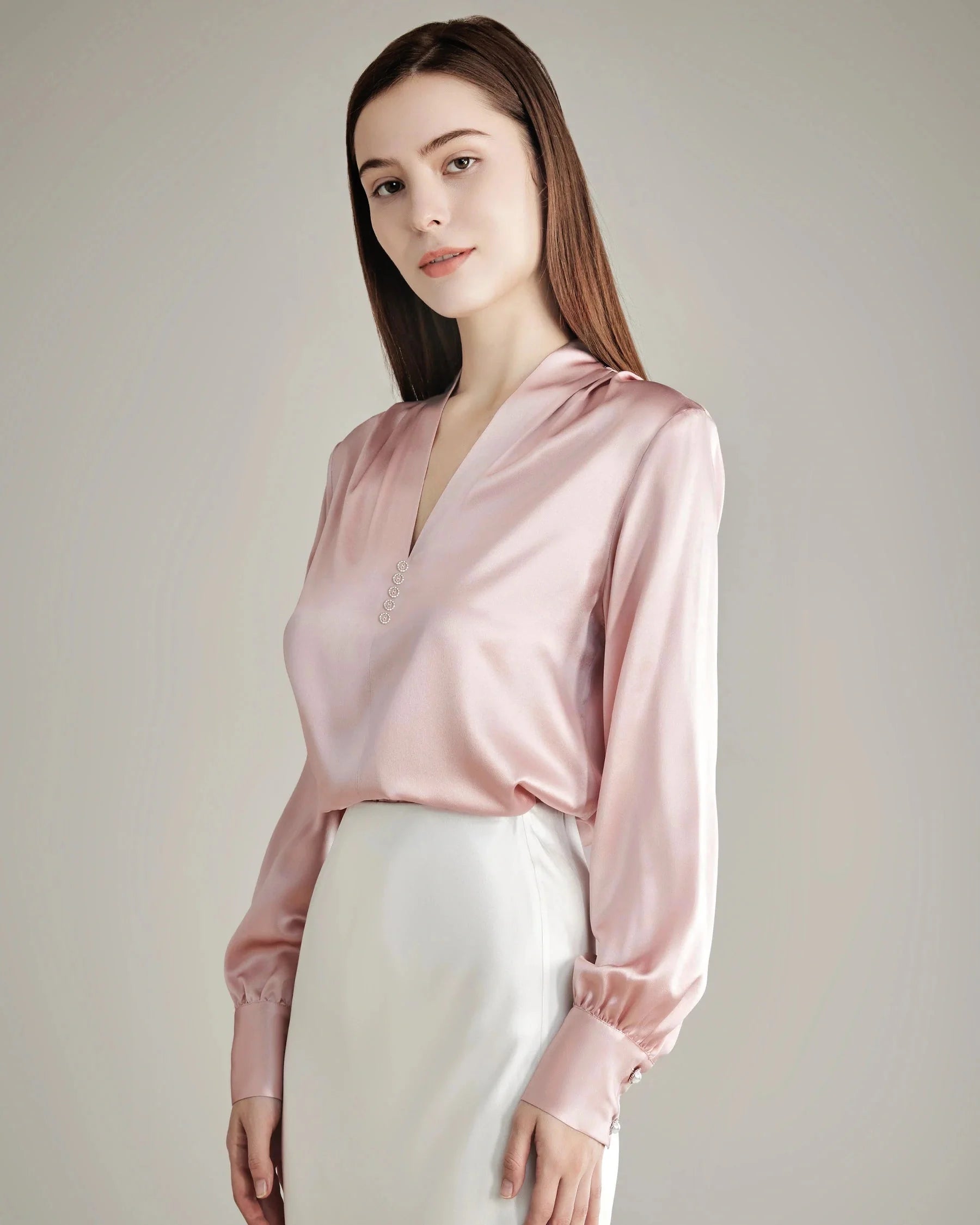Rhinestone Buttons Silk Blouse
