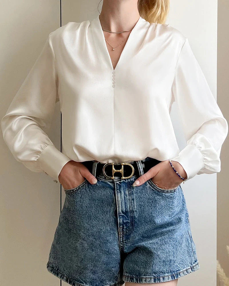Rhinestone Buttons Silk Blouse
