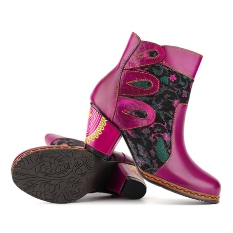 Floral Artistic Leather Ankle Boots