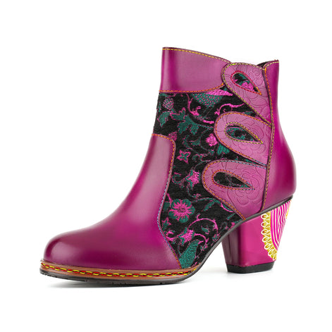 Floral Artistic Leather Ankle Boots