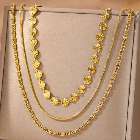 3 PCS Geometric Sunburst & Chain Necklace Set