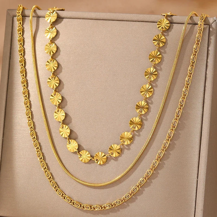 3 PCS Geometric Sunburst & Chain Necklace Set